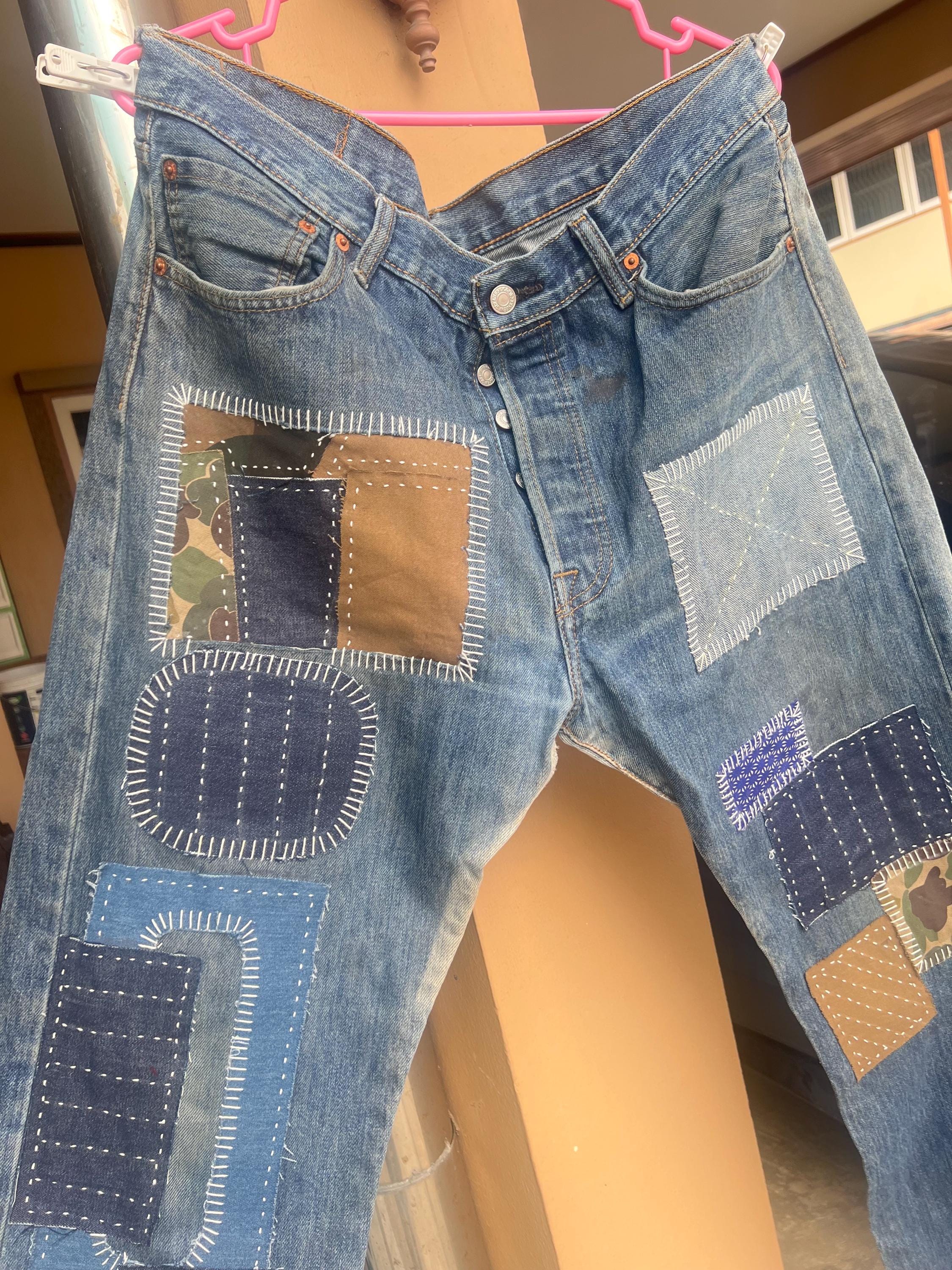 37 ” Waist Boro Patchwork Jeans Men Vintage Hand-stitched