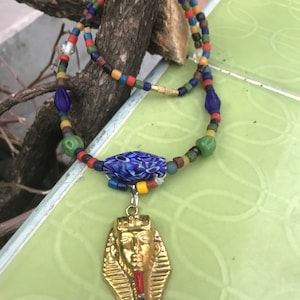 Ancient Egyptian King Tut African Jewelry, brass symbol Pendant Necklace Glass Beads Stone