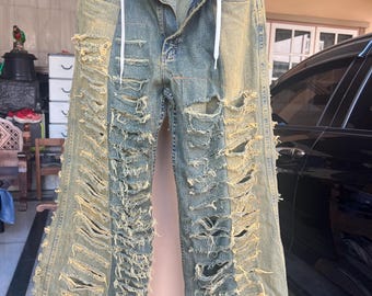 Handmade Distressed Ripped Denim Pants, Adjustable Waist 28-30", Vintage Boho Streetwear, Upcycled Flared Jeans , Unique Design