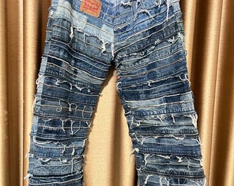 35" Waist DIY Denim Unique Patchwork Jeans Upcycled Vintage Style Pants Sustainable Fashion for Men Women Recycled fabric Boho style chic