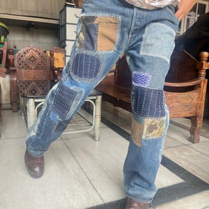 37 ” Waist Boro Patchwork Jeans Men Vintage Hand-Stitched Denim Japanese Sashiko Inspired Workwear Upcycled Streetwear Pants