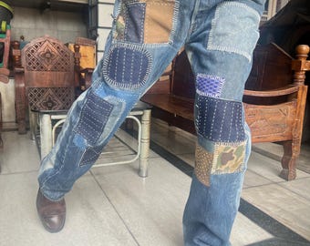 37 ” Waist Boro Patchwork Jeans Men Vintage Hand-Stitched Denim Japanese Sashiko Inspired Workwear Upcycled Streetwear Pants