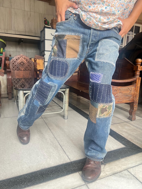 37 ” Waist Boro Patchwork Jeans Men Vintage Hand-stitched Denim
