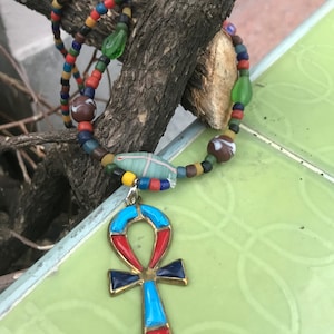 Ancient Egyptian Ankh African Jewelry, brass symbol Pendant Necklace Glass Beads Stone