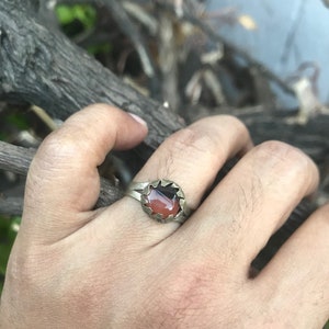 Può includere: Un anello d'argento con una pietra rotonda marrone-rossastra. L'anello ha un design a stella attorno alla pietra. L'anello è su una mano, con uno sfondo naturale di rami e foglie.