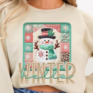 Hello Winter Png, Faux Embroidery Snowman Png, Winter Snowman Png, Cute Winter Patchwork Snowman, Winter Shirt Design, Snowman Shirt Png