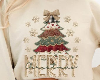 Vrolijk Kerstmis PNG, nepborduurwerk PNG, kerstboom PNG, vintage kerst PNG, kerststrik PNG, ontwerp voor een kerstshirt, shirt PNG