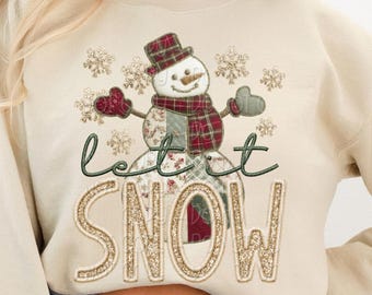 Laat het sneeuwen PNG, nep geborduurde sneeuwpop PNG, kerstsneeuwpop PNG, winter PNG, sneeuwvlok PNG, kerst PNG, winter shirt ontwerp