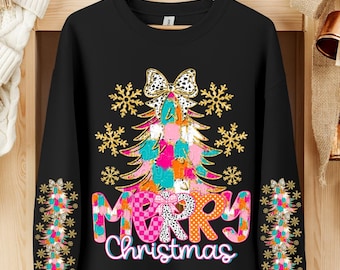 Feliz Navidad PNG con manga, Árbol de Navidad PNG, Navidad preppy PNG, Navidad colorida PNG, Diseño de camiseta navideña