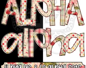 Cherry Charm Alpha Png Bundle, Vintage Cherry Alphabet Letters, Coquette Bow Plaid Alpha, Uppercase Lowercase, 4 Png Sets