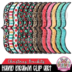 May include: A collection of eleven decorative curly brackets arranged in a row, featuring various patterns including leopard print, horizontal stripes, polka dots, and solid colors in shades of red, teal, pink, brown, and yellow with black outlines.