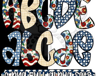 Lady Liberty Alpha Png Bundle, Patriotic Alphabet Png, 4th of July Alphabet, Floral Americana Full Alphabet Png Set
