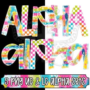 May include: A digital alphabet set featuring uppercase and lowercase letters with a vibrant, multi-coloured brushstroke pattern, white floral accents, and a checkered design. The text at the bottom reads 3 PNG UC & LC ALPHA SETS.