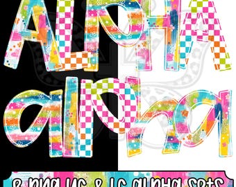 Paquete de letras PNG con motivos florales brillantes y originales, alfabeto PNG en mayúsculas y minúsculas, letras coloridas y elegantes, alfabeto estilo doodle, conjunto de letras PNG con diseño de tablero de ajedrez.