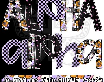 Paquete de PNG de BooYah Alpha, PNG de alfabeto lindo de Halloween, letras fantasma de patchwork, alfa de tablero de ajedrez morado, PNG de mayúsculas y minúsculas