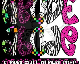 Wild Neon Pop Alpha Png Bundle, Neon Leopard Alphabet Png, Zebra Checker Alphabet, Bright Preppy Full Alphabet Png Set