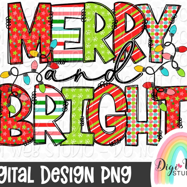 Merry and Bright, Christmas Digital PNG, Christmas Lights, Holiday Lights PNG, Sublimation PNG, Download
