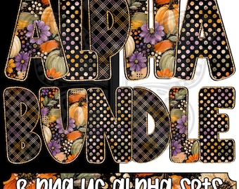 Glam Cozy Season 2 Alpha Png Bundle, Fall Pumpkin Alphabet Letters, Plaid Polka Dot Floral Alpha, Uppercase Lowercase, 3 Png Sets
