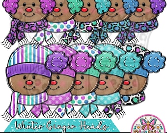 Hand Drawn Gingerbread Head Clip Art Png Bundle, Cute Winter Gingerbread Faces, Earmuffs and Hats, Winter Besties