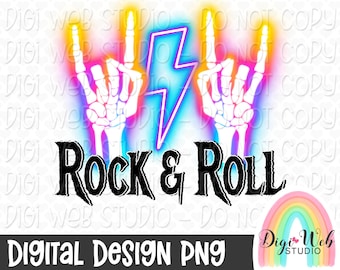 Rock & Roll, Neon Hand Horns, Lightning Bolt, Music, Heavy Metal, Digital Design, Sublimation PNG, Download
