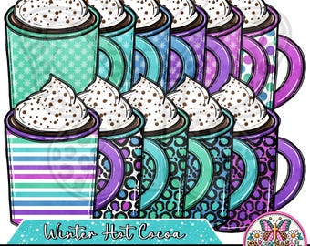Hand Drawn Hot Cocoa Clip Art Png Bundle, Cute Hot Chocolate Mugs, Whipped Cream, Winter Mug Clipart, Winter Besties