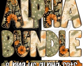 Glam Fall Florals Alpha Png Bundle, Autumn Floral Alphabet Letters, Sage Green Orange Boho Alpha, Uppercase Lowercase, 3 Png Sets