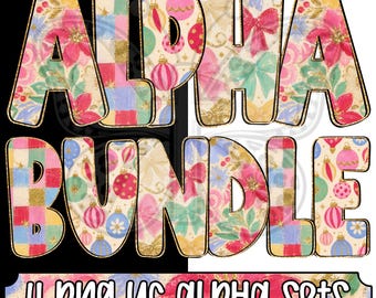 Vintage Christmas Glam Alpha Png Bundle, Christmas Ornament Alphabet Letters, Faux Gold Glitter, Coquette Bow Alpha, Uppercase & Lowercase
