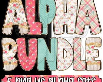 Glam Cottage Charm Alpha Png Bundle, Floral Alphabet Png, Cottagecore Alphabet, Gold Glitter Letter Png Set
