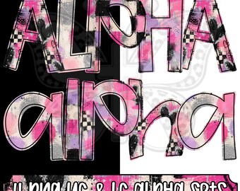 Beautiful Mess Alpha Png Bundle, Pink Purple Grunge Alphabet Letters, Distressed Checkerboard Alpha, Uppercase Lowercase, 4 Png Sets