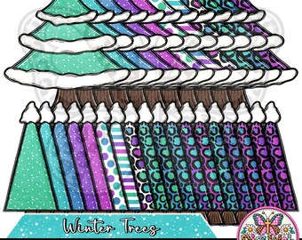 Hand Drawn Winter Tree Clip Art Png Bundle, Snow Covered Pine Trees, Leopard Print and Colorful Winter Trees, Winter Besties