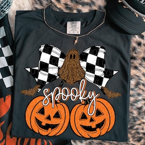 Spooky Jack o Lantern Cherries Png, Leopard Print Ghost on Checker Bow Digital Design, Trendy Halloween Shirt Png for Sublimation, DTF & DTG