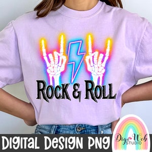 Rock & Roll png, neon handhoorns digitaal ontwerp, bliksemschicht, muziek, heavy metal shirt png voor sublimatie, DTF en DTG