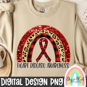 Heart Disease Awareness Rainbow Png, Faux Glitter & Leopard Print Rainbow Png, Red Ribbon Digital Shirt Design for Sublimation, DTF and DTG