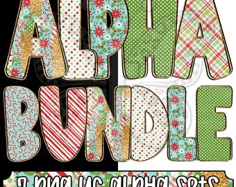 Classic Christmas Glam Alpha Png Bundle, Christmas Alphabet Letters, Faux Gold Glitter Alpha, Uppercase Lowercase, 7 Png Sets
