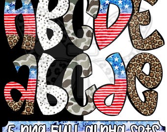 American Patriot Alpha Png Bundle, Patriotic Alphabet Png, 4th of July Alphabet, Camo Leopard Full Alphabet Png Set