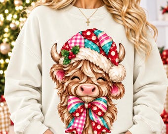 Weihnachtliches Hochlandrind (PNG), Preppy-Weihnachts-PNG, Design für ein rosa Weihnachts-Kuh-Shirt, Hochlandrind-Weihnachts-PNG