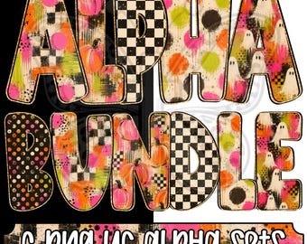 Glam Falloween Pop Alpha Png Bundle, Halloween Alphabet Letters, Pink Orange Pumpkin Ghost Alpha, Uppercase Lowercase, 6 Png Sets