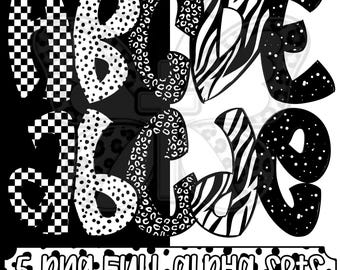 Black and White Basics Alpha Png Bundle, Black White Alphabet Png, Leopard Zebra Checker Alphabet, Full Alphabet Png Set