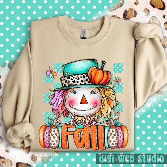 Hello Fall Png, Cute Scarecrow Digital Design, Autumn Png, Scarecrow and Pumpkins Shirt Png for Sublimation, DTF and DTG