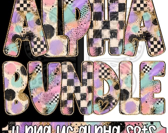 Pastel Glam Grunge Alpha Png Bundle, Pastel Checkerboard Alphabet Letters, Pink Purple Turquoise Grunge Alpha, Uppercase Lowercase