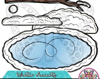 Hand Drawn Winter Clip Art Png Bundle, Snow Covered Tree Branch, Snowball, Snow Mounds, Ice Skating Pond, Winter Besties