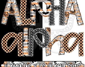 Spooky Season Alpha Png Bundle, Halloween Alphabet Letters, Ghost Pumpkin Bat Checkerboard Alpha, Uppercase Lowercase, 4 Png Sets