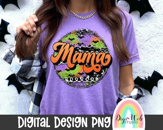 Halloween Mama Png, Retro Halloween Bats Circle Digital Design, Spooky Halloween Mama Shirt Png for Sublimation, DTF and DTG
