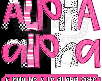 Pink Out Alpha Png Bundle, Breast Cancer Awareness Alphabet Letters, Pink Ribbon Dalmatian Print Alpha, Uppercase Lowercase, 5 Png Sets