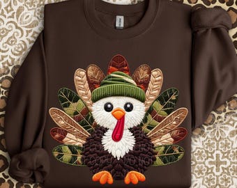 Turkey With Camo Hat Png, Faux Yarn Embroidery Png, Camo Turkey Png, Thanksgiving Turkey Png, Turkey Png, Thanksgiving Shirt Design