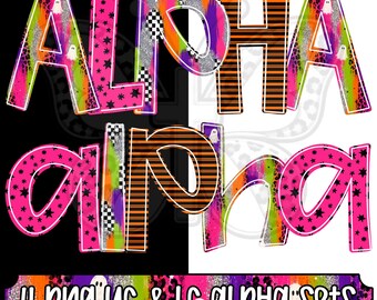 Paquete de PNG de letras Neon Boo Crew Alpha, alfabeto de Halloween PNG, letras mayúsculas y minúsculas, alfabeto fantasma, conjunto de PNG de letras con efecto de purpurina