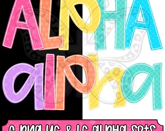 Boutique Brights Alpha Png Bundle, Colorful Preppy Alphabet Letters, White Outline Alpha, Uppercase Lowercase, 6 Png Sets