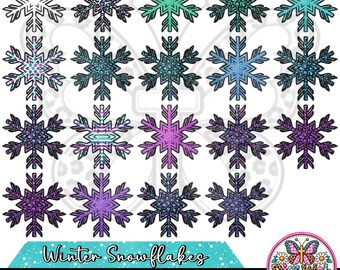 Hand Drawn Snowflake Clip Art Png Bundle, Colorful Winter Snowflakes, Leopard Print Snowflake Clipart, Winter Besties