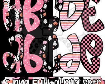 Pretty Spooky Alpha Png Bundle, Pink Halloween Alphabet Letters, Ghost Pumpkin Checkerboard Alpha, Uppercase Lowercase, 5 Png Sets