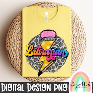 School Librarian Digital Design, Occupation, Pencil Lightning Thunder Bolt, Leopard, Retro School Shirt PNG for Sublimation, DTF & DTG,